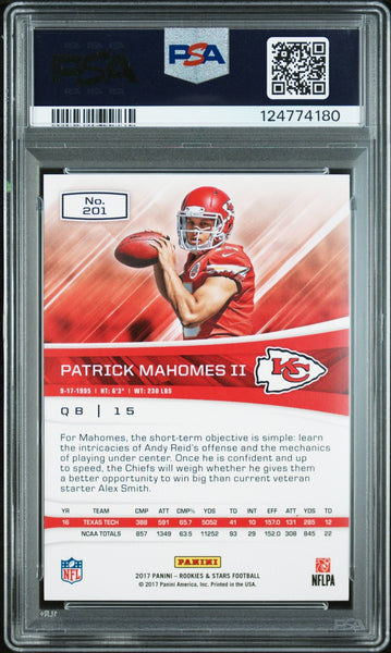 PATRICK MAHOMES SIGNED 2017 PANINI ROOKIES & STARS #201 RC PSA GEM 10 AUTO 10