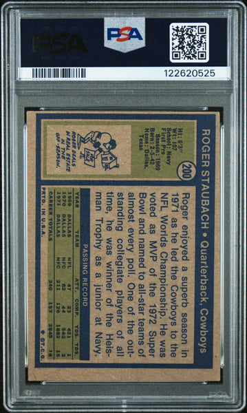 ROGER STAUBACH AUTOGRAPHED 1972 TOPPS ROOKIE CARD RC #200 PSA GEM AUTO 10