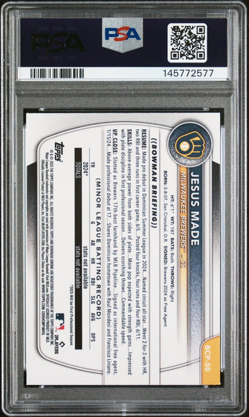 JESUS MADE SIGNED 2025 BOWMAN CHROME 1ST RC PURPLE GEOMETRIC /250 PSA 9 AUTO 10