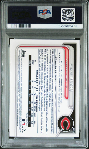 CHASE BURNS SIGNED 2024 BOWMAN CHROME PEANUTS REFRACTOR SSP 1ST RC PSA 9 AUTO 10