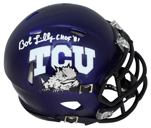 BOB LILLY SIGNED TCU HORNED FROGS PURPLE SPEED MINI HELMET BECKETT W/ CHOF 81