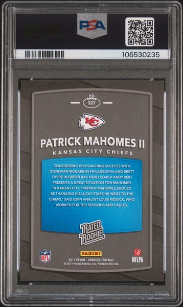 PATRICK MAHOMES SIGNED 2017 PANINI DONRUSS RATED ROOKIE #327 RC PSA 9 AUTO 10