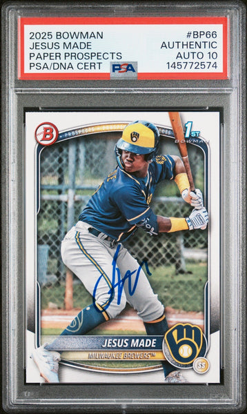 JESUS MADE SIGNED 2025 BOWMAN PAPER PROSPECTS 1ST ROOKIE RC PSA AUTO 10