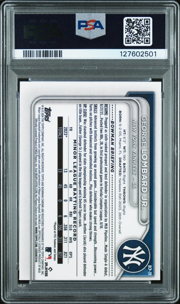 GEORGE LOMBARD JR SIGNED 2024 BOWMAN CHROME LUNAR GLOW REFRACTOR 1ST RC PSA 9