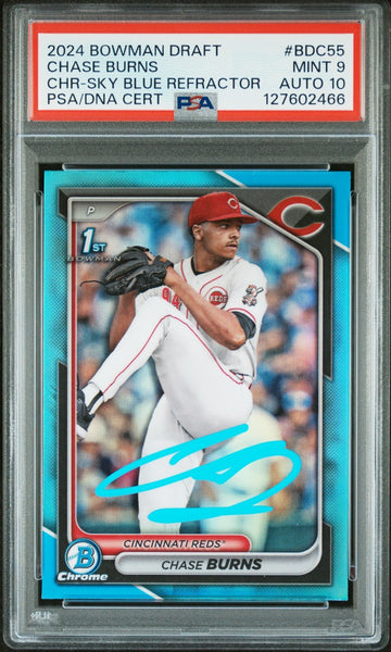 CHASE BURNS SIGNED 2024 BOWMAN CHROME SKY BLUE REFRACTOR 1ST RC PSA 9 AUTO 10