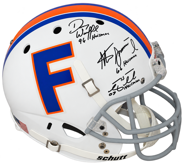 TIM TEBOW STEVE SPURRIER DANNY WUERFFEL SIGNED FLORIDA GATORS WHITE F/S HELMET