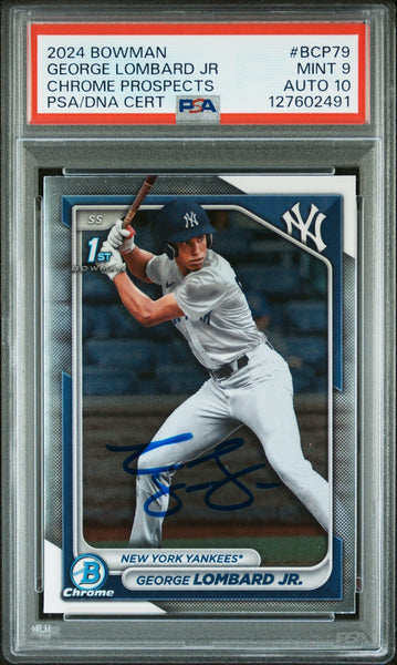 GEORGE LOMBARD JR SIGNED 2024 BOWMAN CHROME PROSPECTS 1ST RC PSA 9 AUTO 10