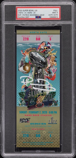 PATRICK MAHOMES SIGNED SUPER BOWL LIV 54 GOLD TICKET CHIEFS 49ERS PSA 9 AUTO