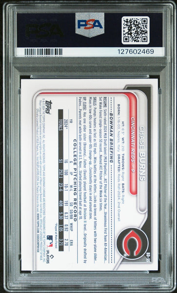 CHASE BURNS SIGNED 2024 BOWMAN DRAFT SKY BLUE 1ST ROOKIE RC /499 PSA 9 AUTO 10