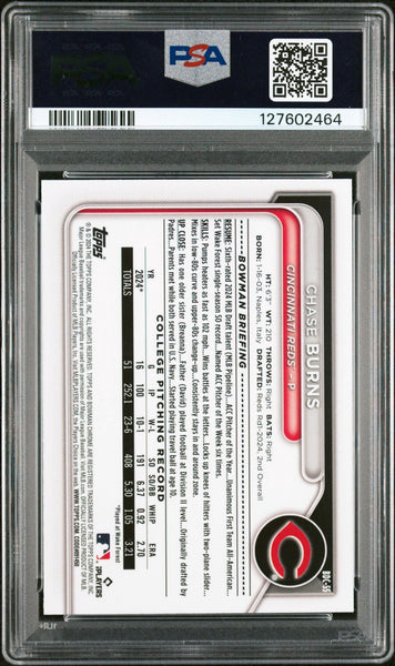 CHASE BURNS SIGNED 2024 BOWMAN CHROME PURPLE REFRACTOR 1ST RC /250 PSA 9 AUTO 10