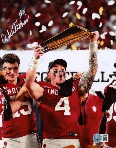 AIDEN FISHER AUTOGRAPHED INDIANA HOOSIERS CFP TROPHY 8x10 PHOTO BECKETT
