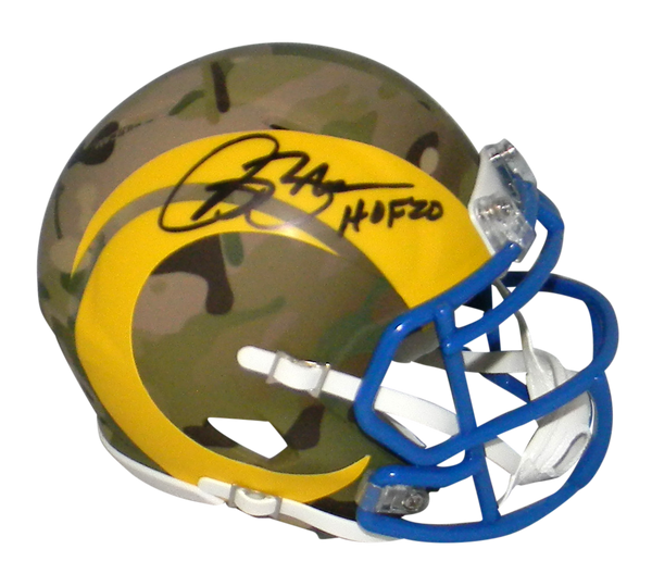 ISAAC BRUCE SIGNED LOS ANGELES ST LOUIS RAMS CAMO SPEED MINI HELMET W/ HOF 20