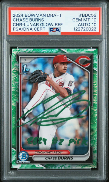 CHASE BURNS SIGNED 2024 BOWMAN CHROME LUNAR GLOW REFRACTOR 1ST RC PSA 10 AUTO 10