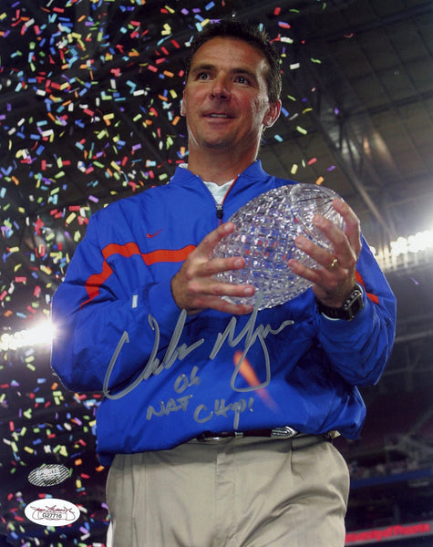 URBAN MEYER AUTOGRAPHED FLORIDA GATORS 2006 BCS TROPHY 8x10 PHOTO JSA