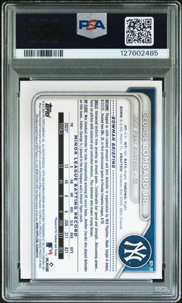 GEORGE LOMBARD JR SIGNED 2024 BOWMAN CHROME BLUE RAYWAVE 1ST RC /150 PSA AUTO 10