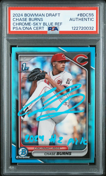CHASE BURNS SIGNED 2024 BOWMAN CHROME SKY BLUE REFRACTOR 1ST RC PSA AUTO AUTH