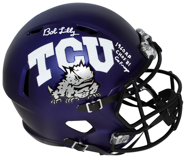 BOB LILLY SIGNED TCU HORNED FROGS PURPLE FULL SIZE SPEED HELMET BECKETT