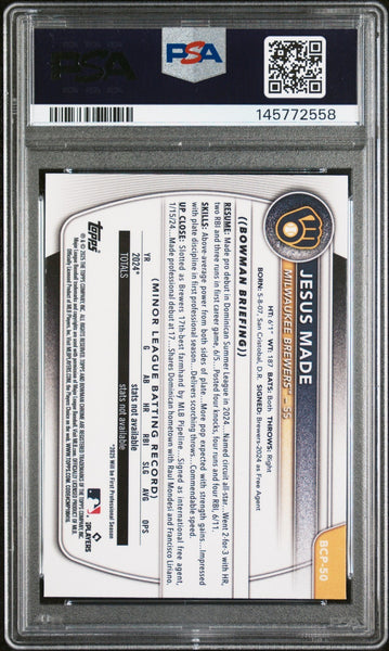JESUS MADE SIGNED 2025 BOWMAN CHROME PROSPECTS 1ST ROOKIE RC PSA AUTO 10