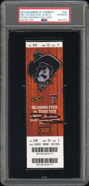 PATRICK MAHOMES SIGNED 2014 TEXAS TECH VS OKLAHOMA STATE NCAA DEBUT TICKET PSA