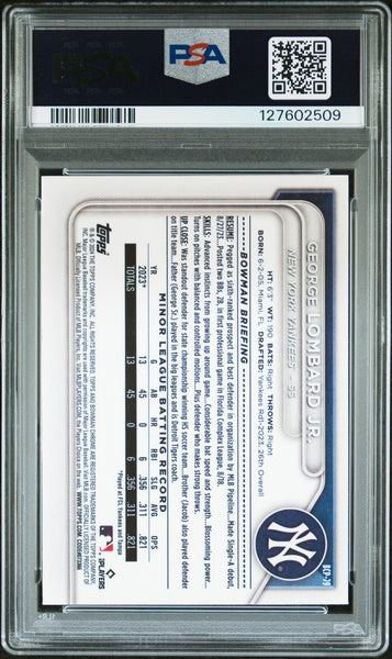 GEORGE LOMBARD JR SIGNED 2024 BOWMAN CHROME MOJO REFRACTOR 1ST RC PSA 9 AUTO 10