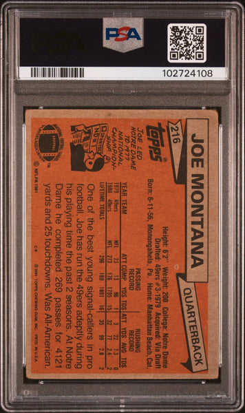 JOE MONTANA AUTOGRAPHED 1981 TOPPS #216 RC ROOKIE CARD PSA AUTO 10