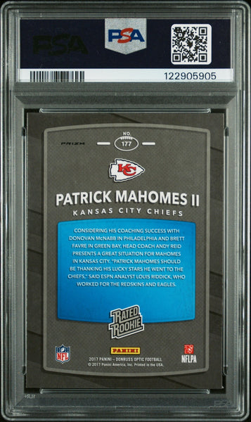 PATRICK MAHOMES SIGNED 2017 PANINI DONRUSS OPTIC LIME ROOKIE RC PSA 9 AUTO 10