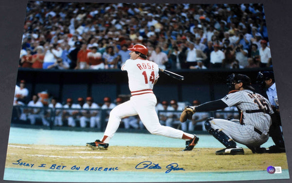 PETE ROSE SIGNED CINCINNATI REDS 16x20 PHOTO BECKETT W/ SORRY I BET ON BASEBALL