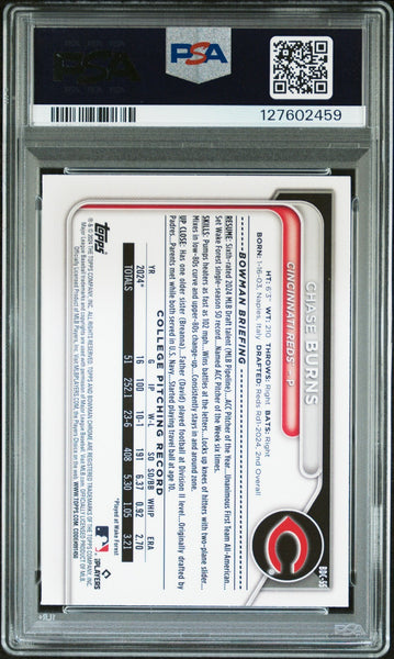 CHASE BURNS SIGNED 2024 BOWMAN CHROME YELLOW SAPPHIRE 1ST RC /75 PSA 9 AUTO 10