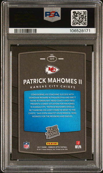 PATRICK MAHOMES SIGNED 2017 PANINI DONRUSS OPTIC RATED ROOKIE RC PSA 9 AUTO 10