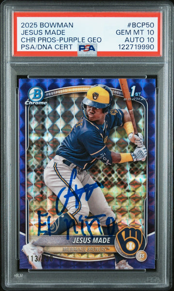 JESUS MADE SIGNED 2025 BOWMAN CHROME 1ST RC PURPLE GEOMETRIC /250 PSA 10 AUTO 10