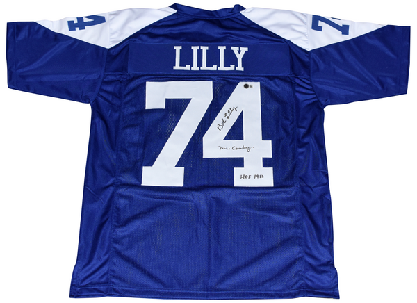 BOB LILLY SIGNED DALLAS COWBOYS #74 THROWBACK JERSEY W/ MR COWBOY & HOF 1980