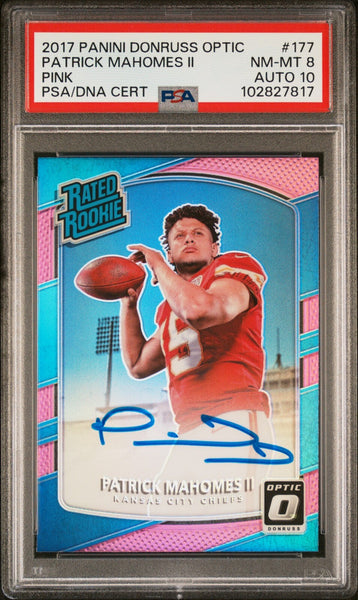 PATRICK MAHOMES SIGNED 2017 PANINI DONRUSS OPTIC PINK RATED ROOKIE PSA 8 AUTO 10