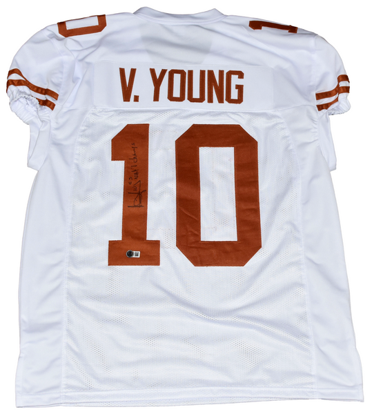 VINCE YOUNG SIGNED TEXAS LONGHORNS #10 WHITE GAME CUT JERSEY W/ 05 NATL CHAMPS