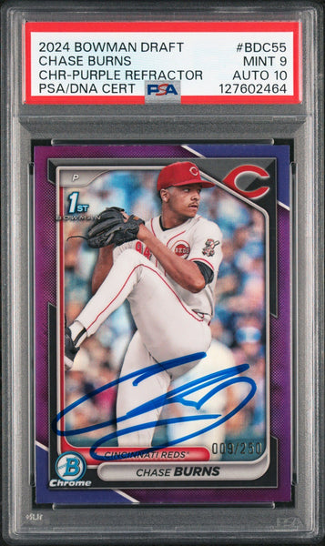 CHASE BURNS SIGNED 2024 BOWMAN CHROME PURPLE REFRACTOR 1ST RC /250 PSA 9 AUTO 10