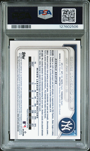 GEORGE LOMBARD JR SIGNED 2024 BOWMAN CHROME MOJO REFRACTOR 1ST RC PSA 10 AUTO 10