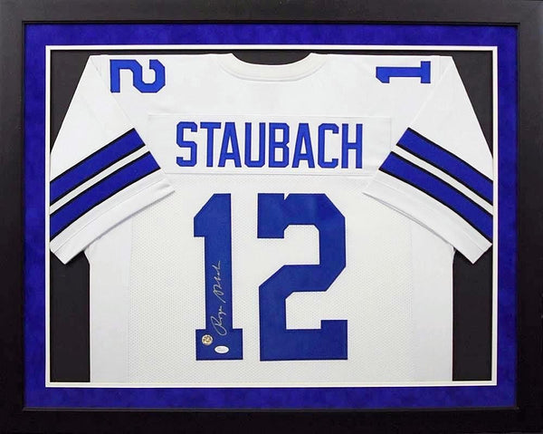 ROGER STAUBACH AUTOGRAPHED DALLAS COWBOYS #12 WHITE FRAMED JERSEY JSA