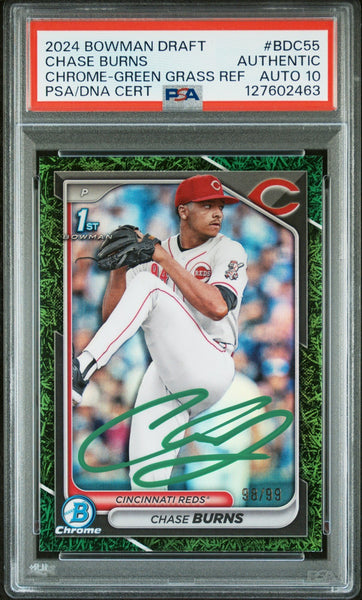 CHASE BURNS SIGNED 2024 BOWMAN CHROME 1ST GREEN GRASS REFRACTOR /99 PSA AUTO 10