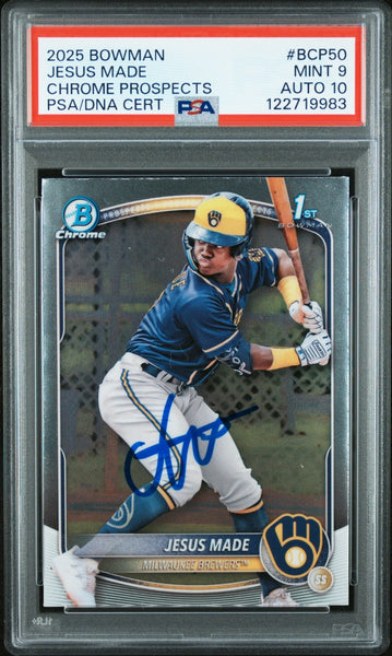 JESUS MADE SIGNED 2025 BOWMAN CHROME PROSPECTS 1ST ROOKIE RC PSA 9 AUTO 10