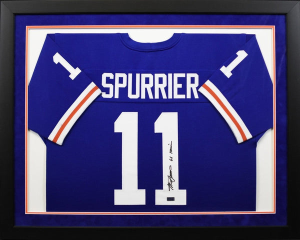 STEVE SPURRIER AUTOGRAPHED FLORIDA GATORS #11 BLUE FRAMED JERSEY W/ 66 HEISMAN