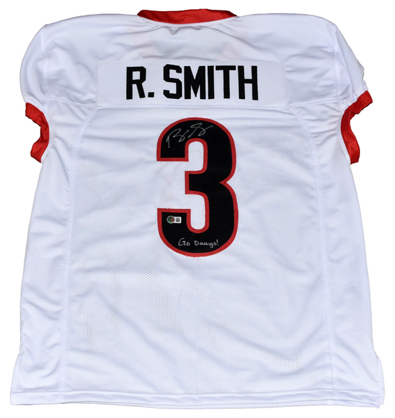 ROQUAN SMITH SIGNED GEORGIA BULLDOGS #3 WHITE GAME CUT JERSEY W/ GO DAWGS