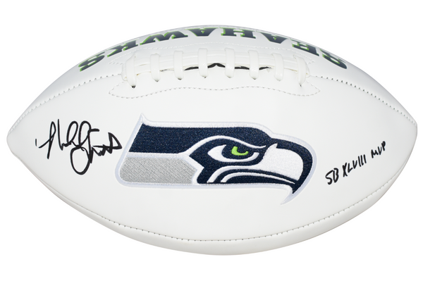 MALCOLM SMITH SIGNED SEATTLE SEAHAWKS WHITE LOGO FOOTBALL W/ SB XLVIII MVP
