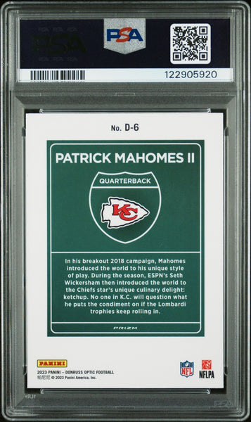 PATRICK MAHOMES SIGNED 2023 PANINI DONRUSS OPTIC DOWNTOWN #D6 PSA 9 AUTO 10
