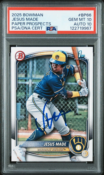 JESUS MADE SIGNED 2025 BOWMAN PAPER 1ST ROOKIE RC GEM MINT PSA 10 AUTO 10
