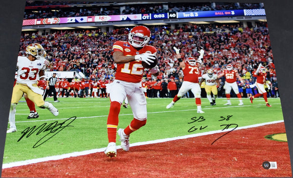 MECOLE HARDMAN SIGNED KANSAS CITY CHIEFS SUPER BOWL LVIII 16x20 PHOTO W/ GW TD
