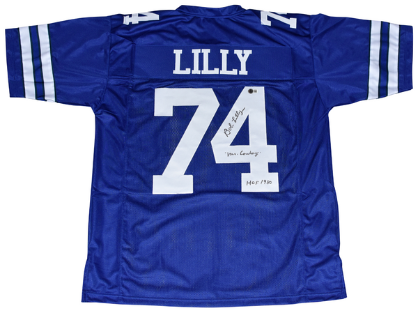 BOB LILLY AUTOGRAPHED DALLAS COWBOYS #74 BLUE JERSEY W/ MR COWBOY & HOF 1980