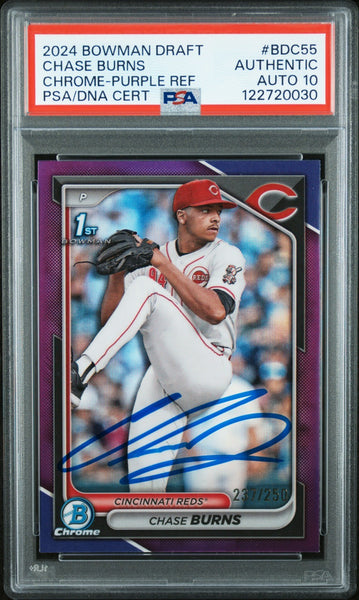 CHASE BURNS SIGNED 2024 BOWMAN CHROME PURPLE REFRACTOR 1ST RC /250 PSA AUTO 10