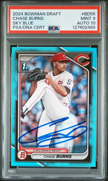 CHASE BURNS SIGNED 2024 BOWMAN DRAFT SKY BLUE 1ST ROOKIE RC /499 PSA 9 AUTO 10