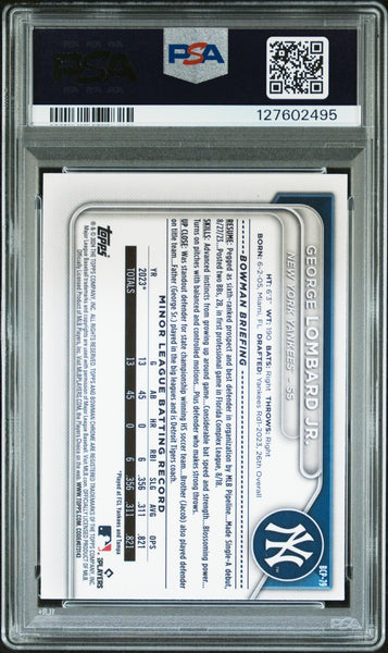GEORGE LOMBARD JR SIGNED 2024 BOWMAN CHROME LUNAR GLOW REFRACTOR PSA 10 AUTO 10