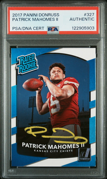 PATRICK MAHOMES SIGNED 2017 PANINI DONRUSS RATED ROOKIE #327 PSA AUTO - YELLOW