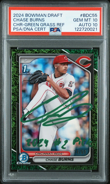 CHASE BURNS SIGNED 2024 BOWMAN CHROME GREEN GRASS REFRACTOR /99 PSA 10 AUTO 10